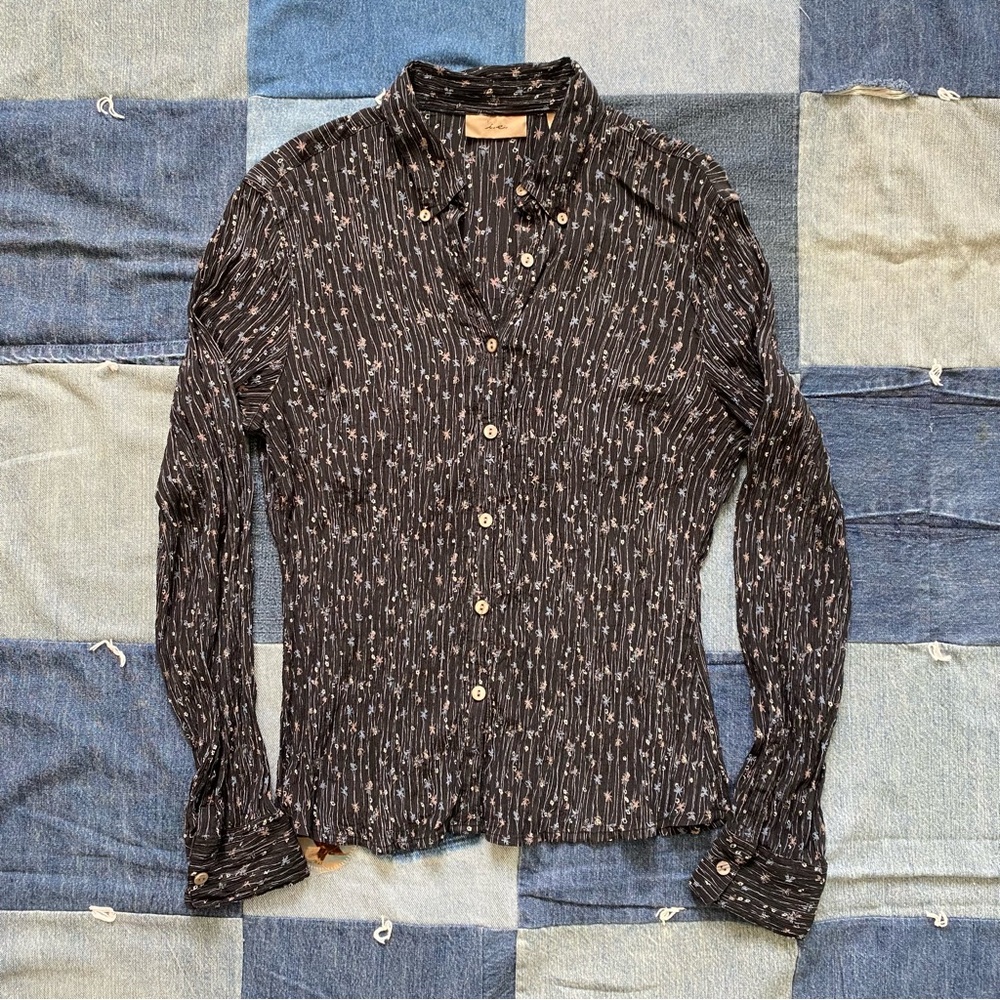 vtg i.e. 100% silk floral black button up size 10 90s y2k vintage